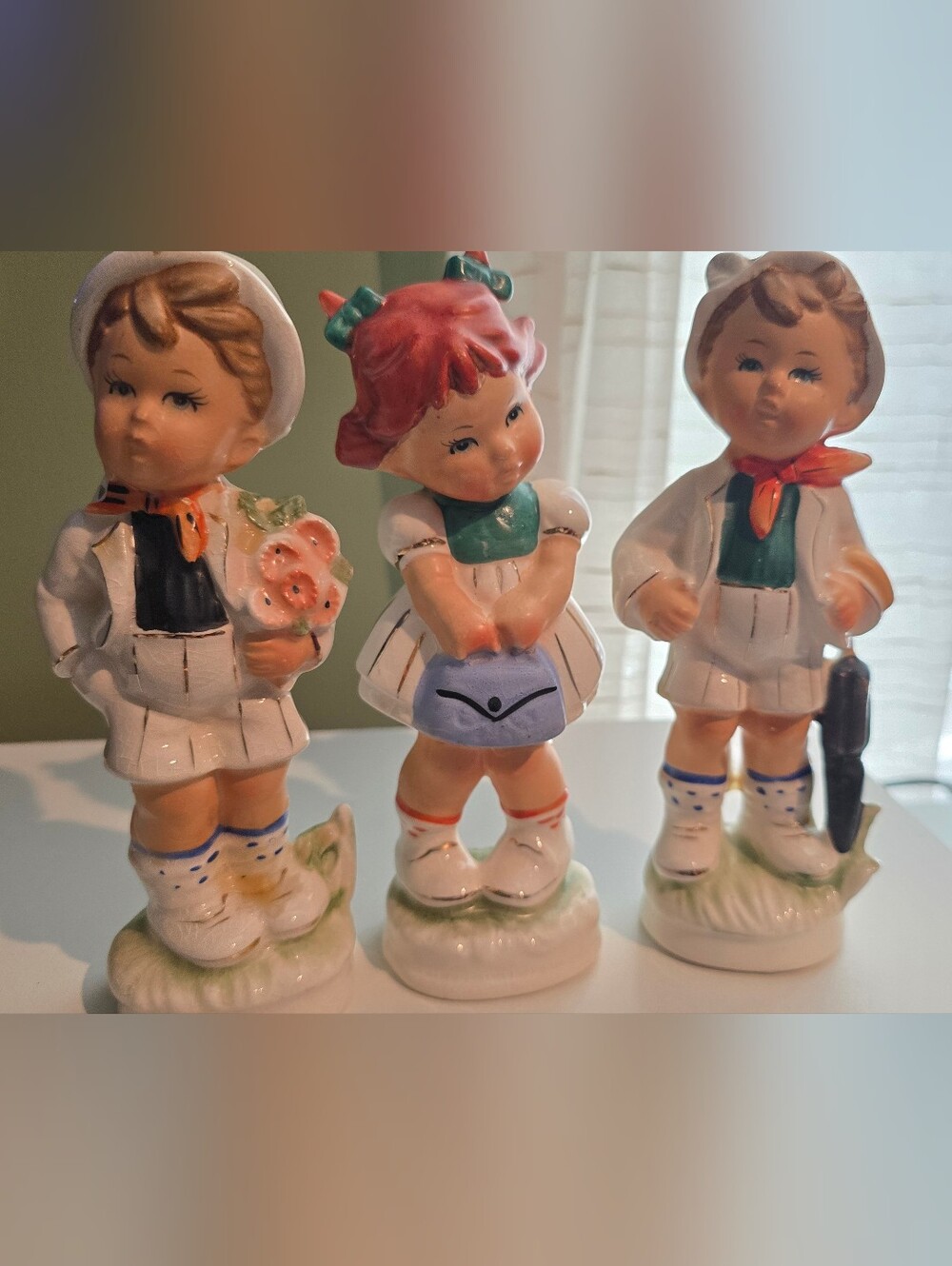 Vintage Porcelain Figurine Trio - White, Green & Red Accents